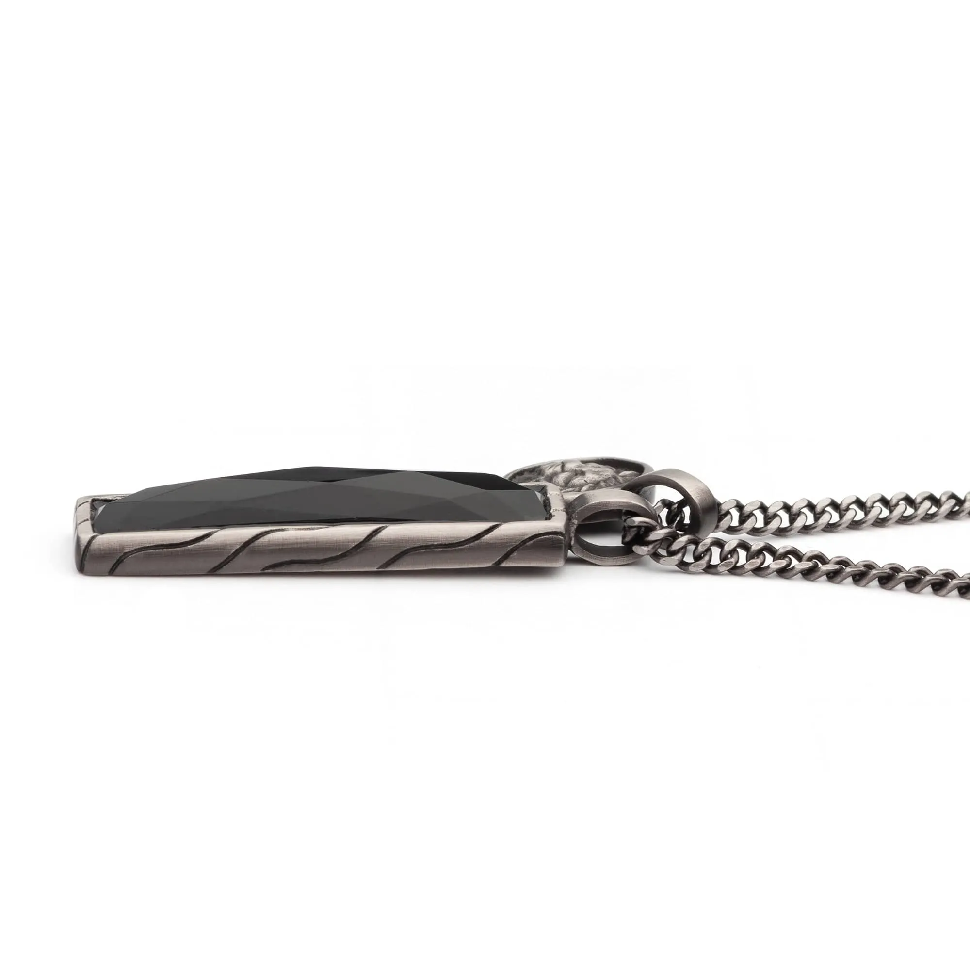 Gunmetal Silver Tone Stainless Steel Matte Finish African Lion Sigil Black Agate Stone Double Pendant with Curb Chain