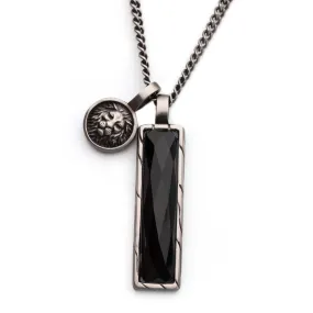 Gunmetal Silver Tone Stainless Steel Matte Finish African Lion Sigil Black Agate Stone Double Pendant with Curb Chain