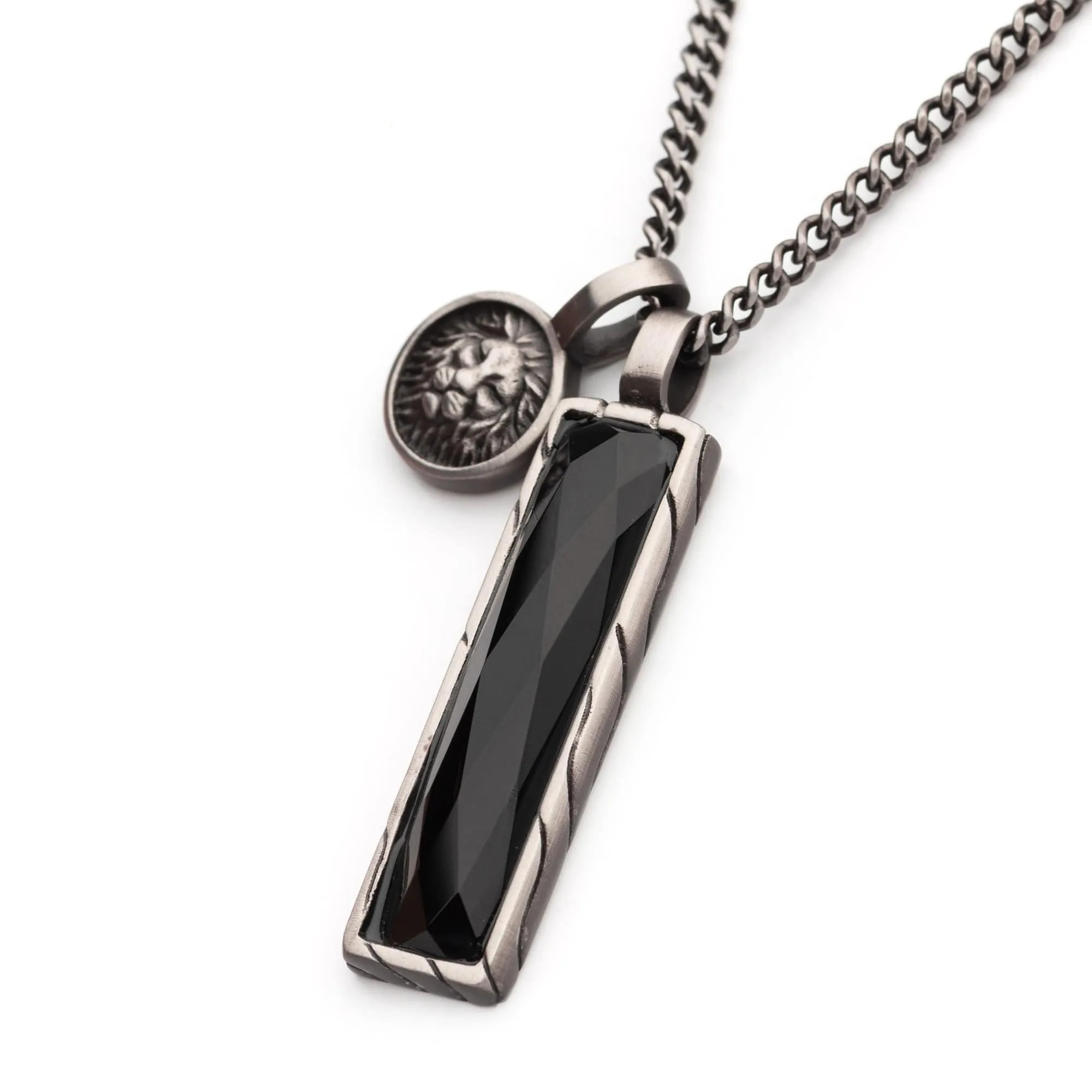 Gunmetal Silver Tone Stainless Steel Matte Finish African Lion Sigil Black Agate Stone Double Pendant with Curb Chain