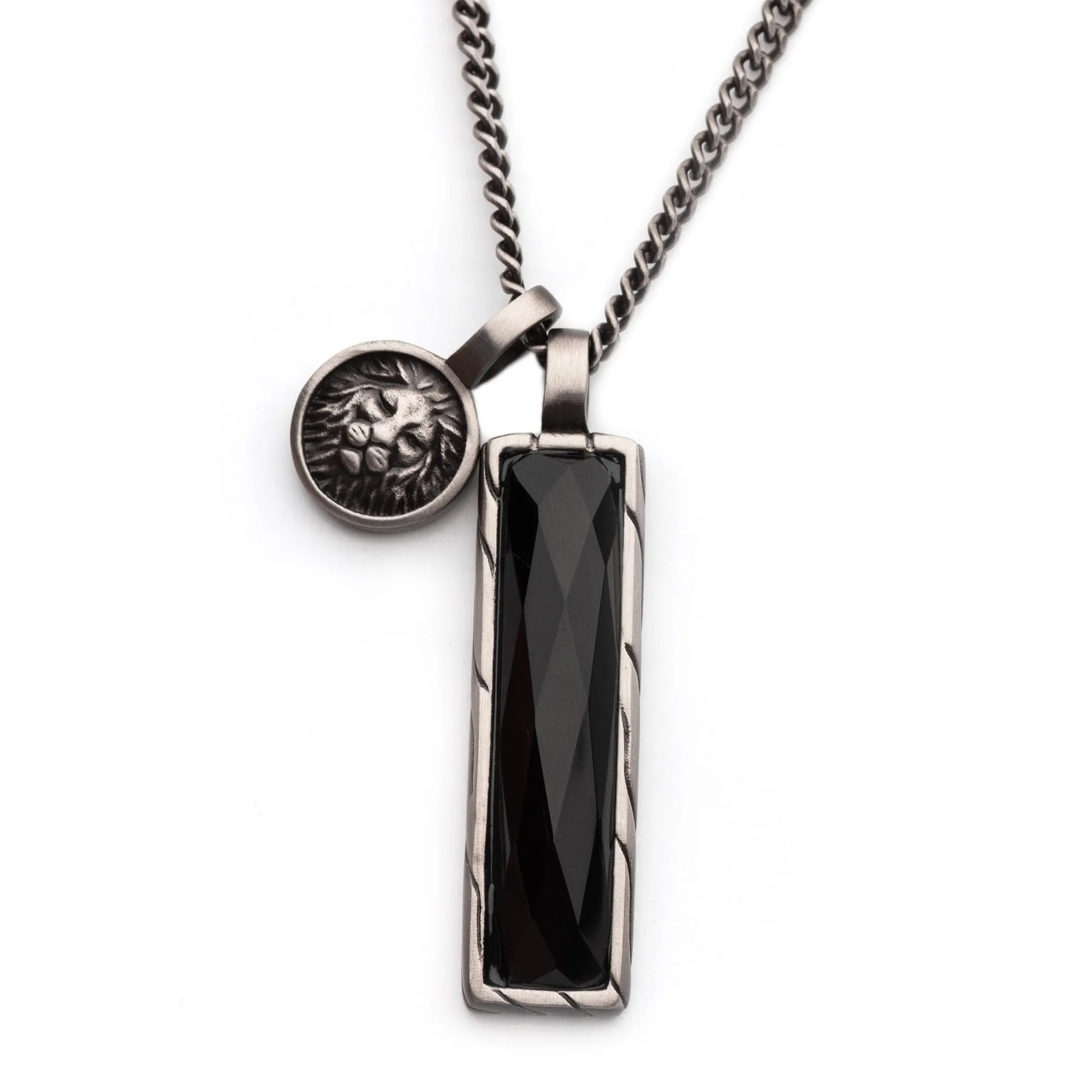 Gunmetal Silver Tone Stainless Steel Matte Finish African Lion Sigil Black Agate Stone Double Pendant with Curb Chain