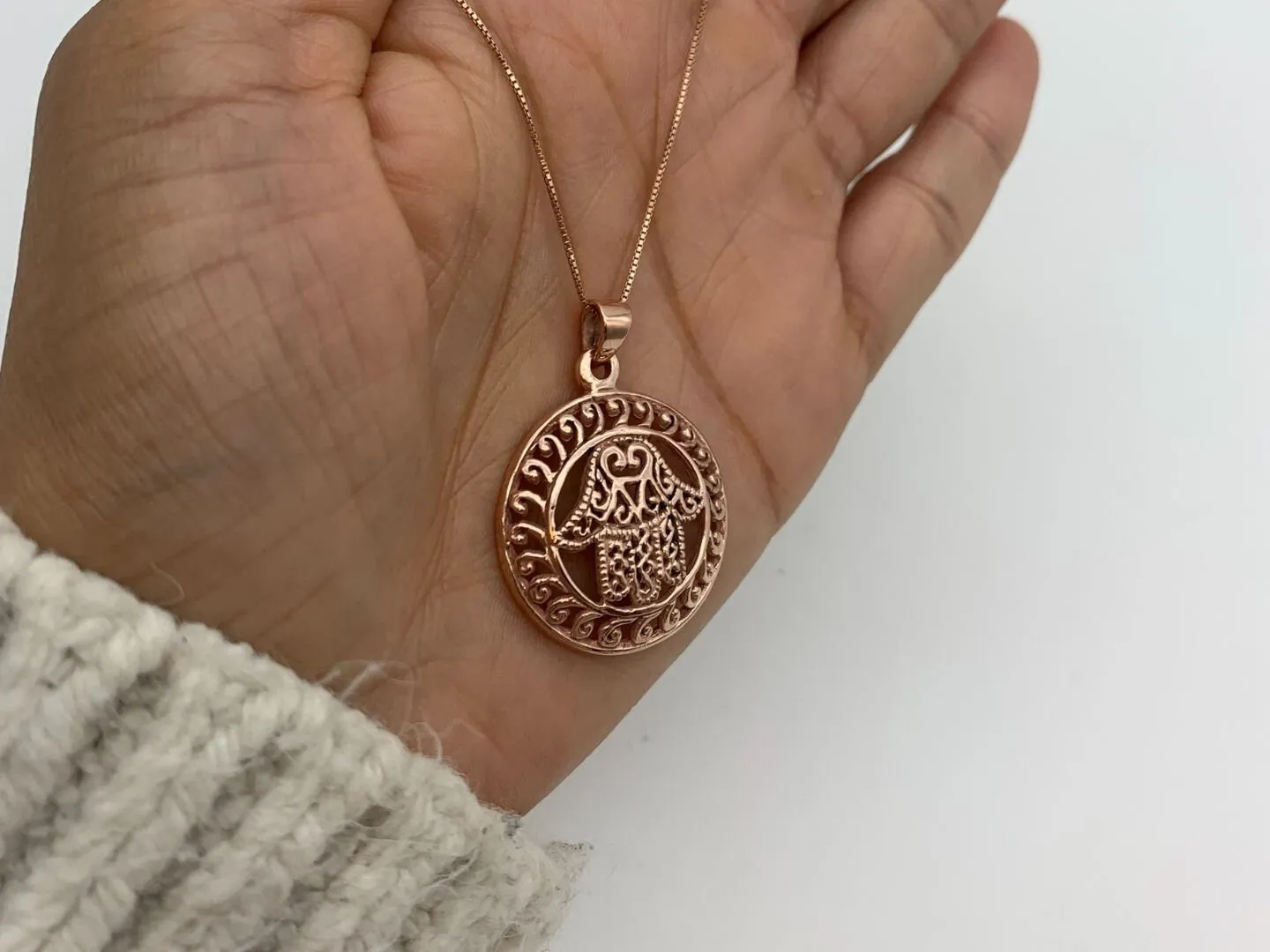 Hamsa Hand Pendant - Rose Gold Hamsa Hand Necklace, Round Hamsa Hand Pendant