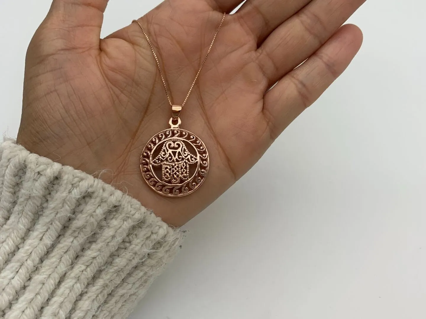 Hamsa Hand Pendant - Rose Gold Hamsa Hand Necklace, Round Hamsa Hand Pendant