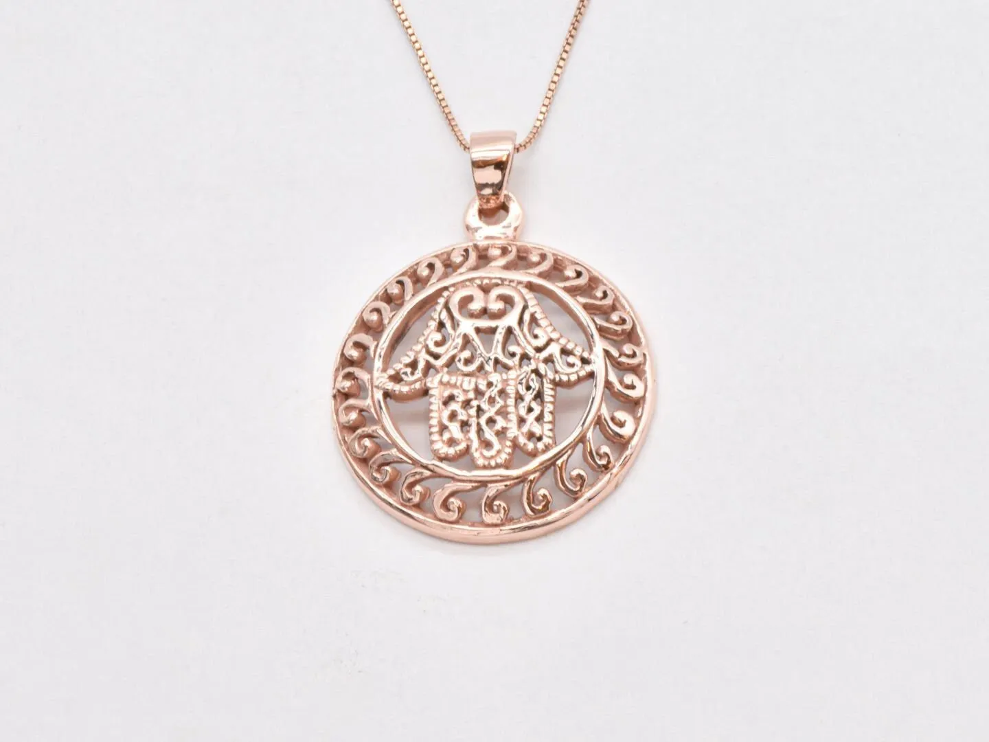 Hamsa Hand Pendant - Rose Gold Hamsa Hand Necklace, Round Hamsa Hand Pendant