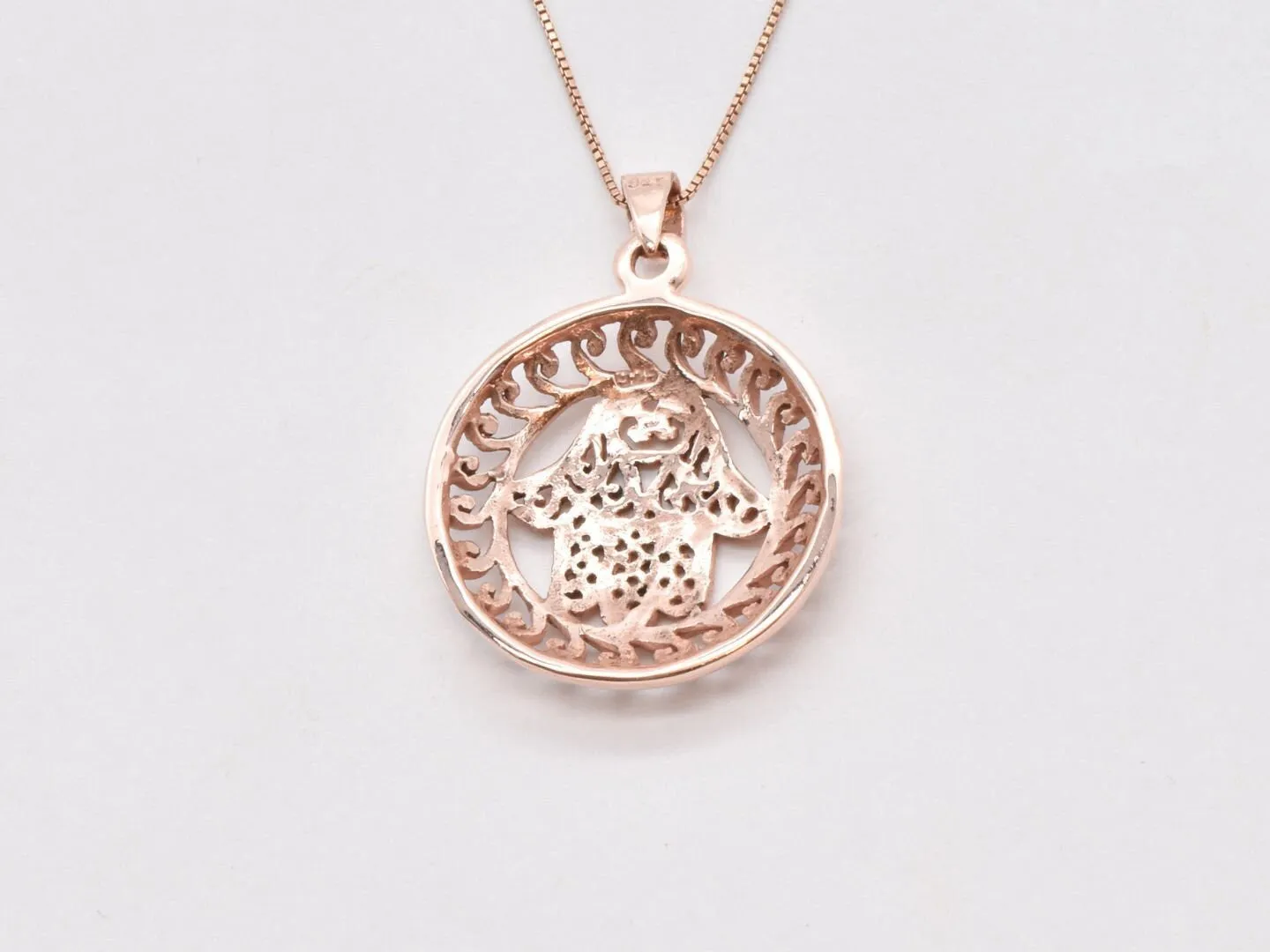 Hamsa Hand Pendant - Rose Gold Hamsa Hand Necklace, Round Hamsa Hand Pendant
