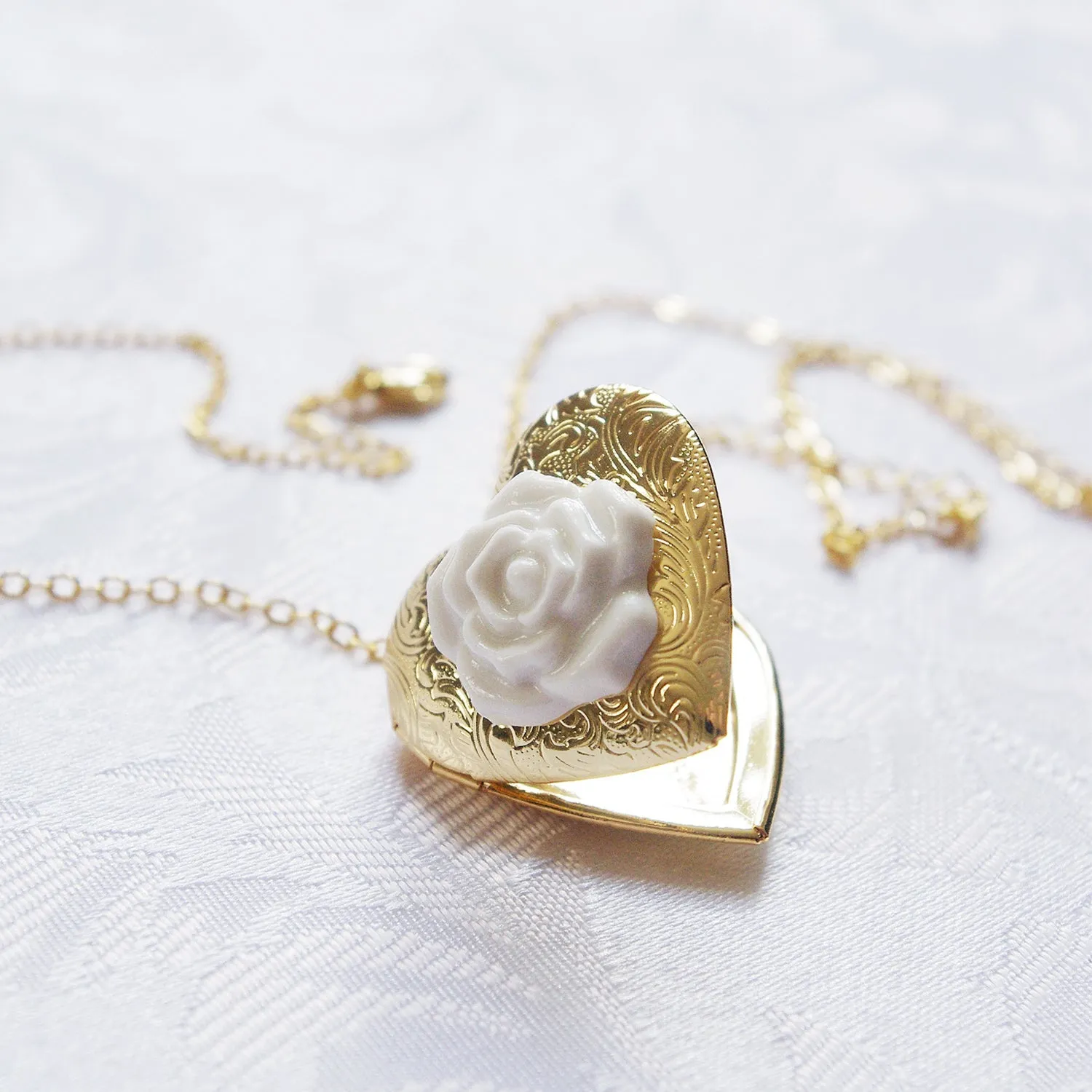 Heart Locket With Porcelain Rose Pendant Necklace