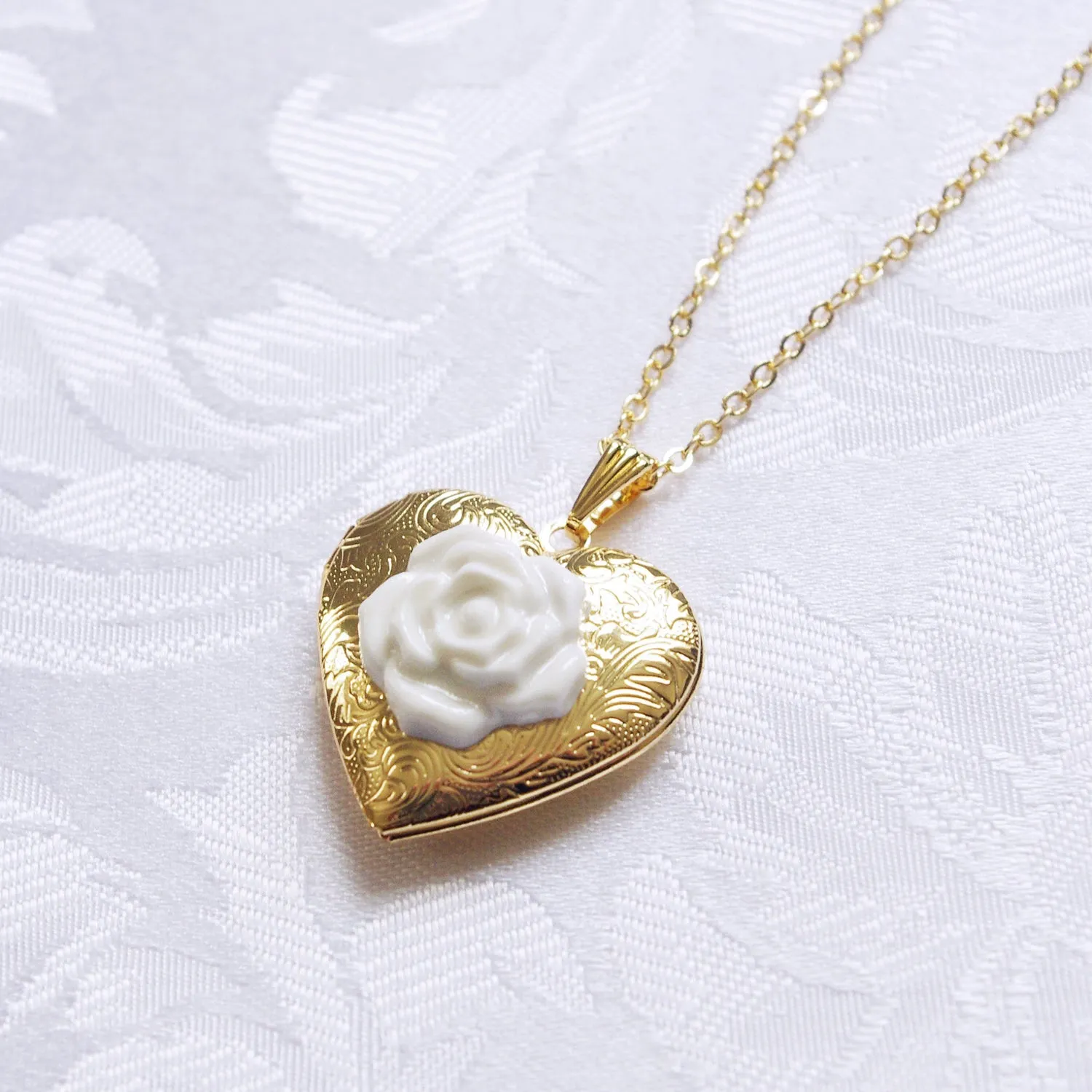 Heart Locket With Porcelain Rose Pendant Necklace