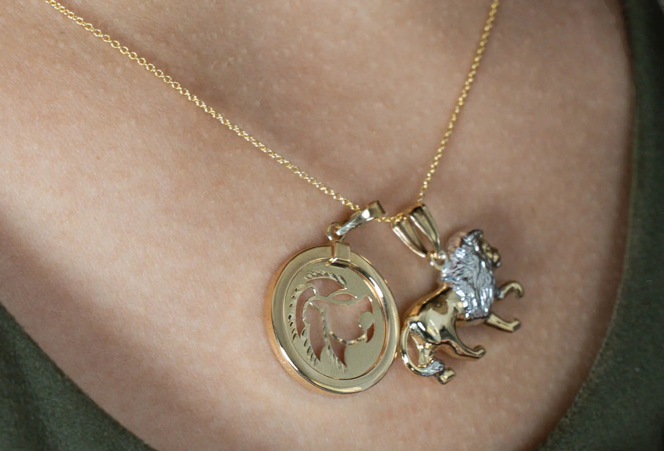 High Polish 14k Gold Lion Pendant Leo Zodiac Sign Charm Rolo Necklace