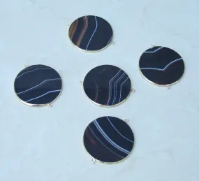Jet Black Striped Agate Connector, Gemstone Pendant, Thin Slice Pendant, Polished, Round, Gold Bezel, Jewelry Stones, Necklace Pendant, 40mm