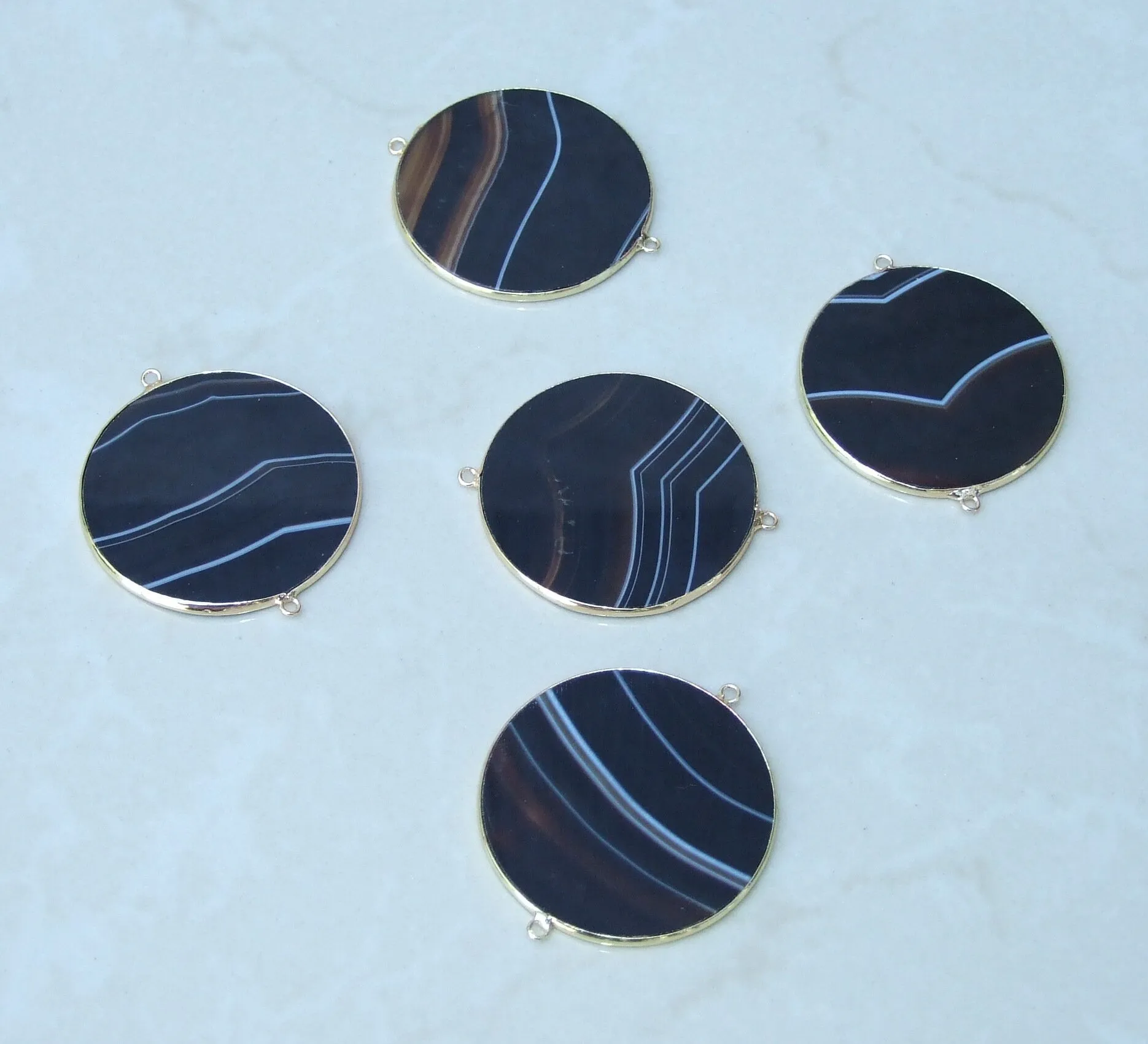 Jet Black Striped Agate Connector, Gemstone Pendant, Thin Slice Pendant, Polished, Round, Gold Bezel, Jewelry Stones, Necklace Pendant, 40mm