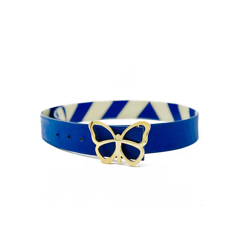 Leather Belt Navy & Cream Chevron Reversible