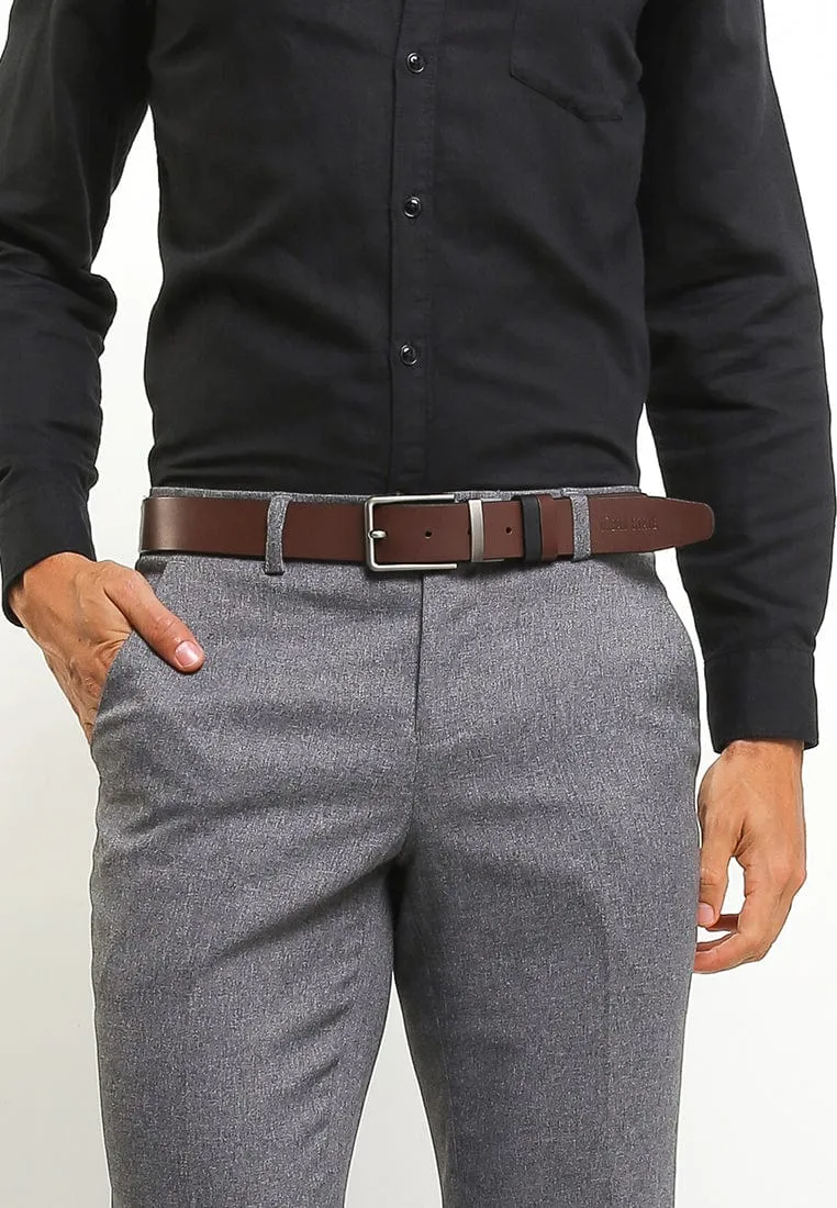 Matte Slim Square Pin Buckle Reversible Top Grain Leather Belt - Black Brown