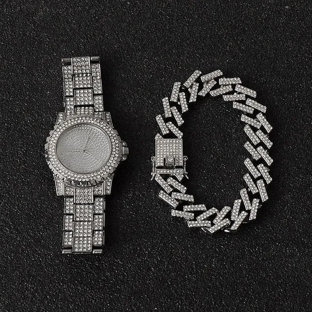 Miami Micro Pave Cuban Chain   Bracelet   Watch Set