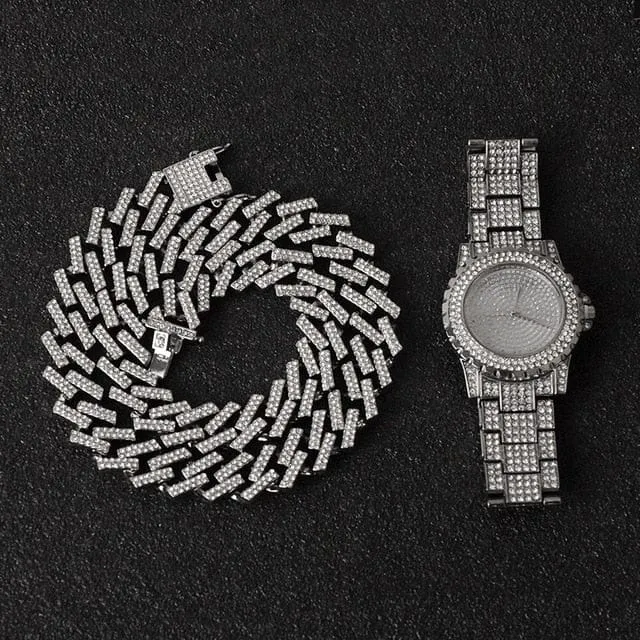 Miami Micro Pave Cuban Chain   Bracelet   Watch Set