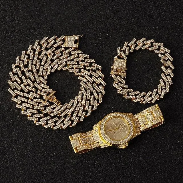 Miami Micro Pave Cuban Chain   Bracelet   Watch Set
