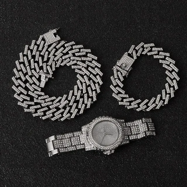 Miami Micro Pave Cuban Chain   Bracelet   Watch Set