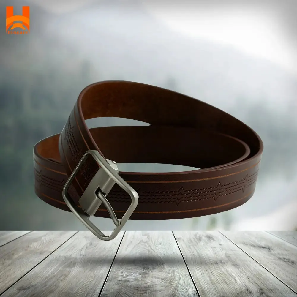 Middle Line Embossed Genuine Leather Belts for Men's Pin Buckle 2" Wide One Part Cowhide Leather Belt