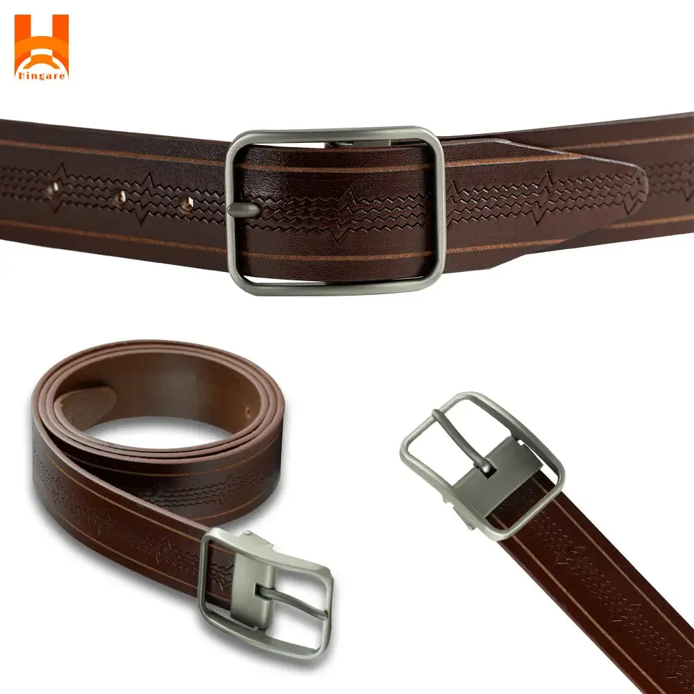 Middle Line Embossed Genuine Leather Belts for Men's Pin Buckle 2" Wide One Part Cowhide Leather Belt