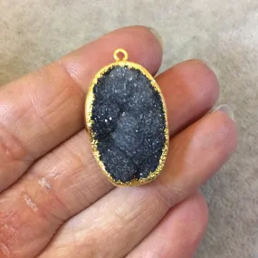 OOAK Gold Electroplated Premium Black Druzy Stone Vertical Oval Shaped Pendant - Measuring 19mm x29mm, Approx. - Sold Individually