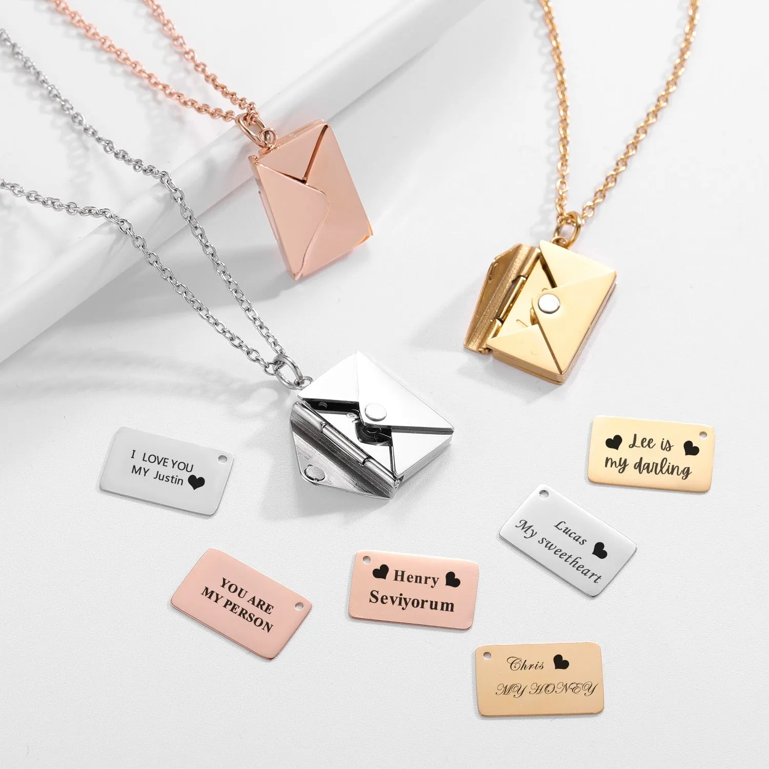 Personalized Custom Envelope Custom Photo Engraved Name Necklace Pendant