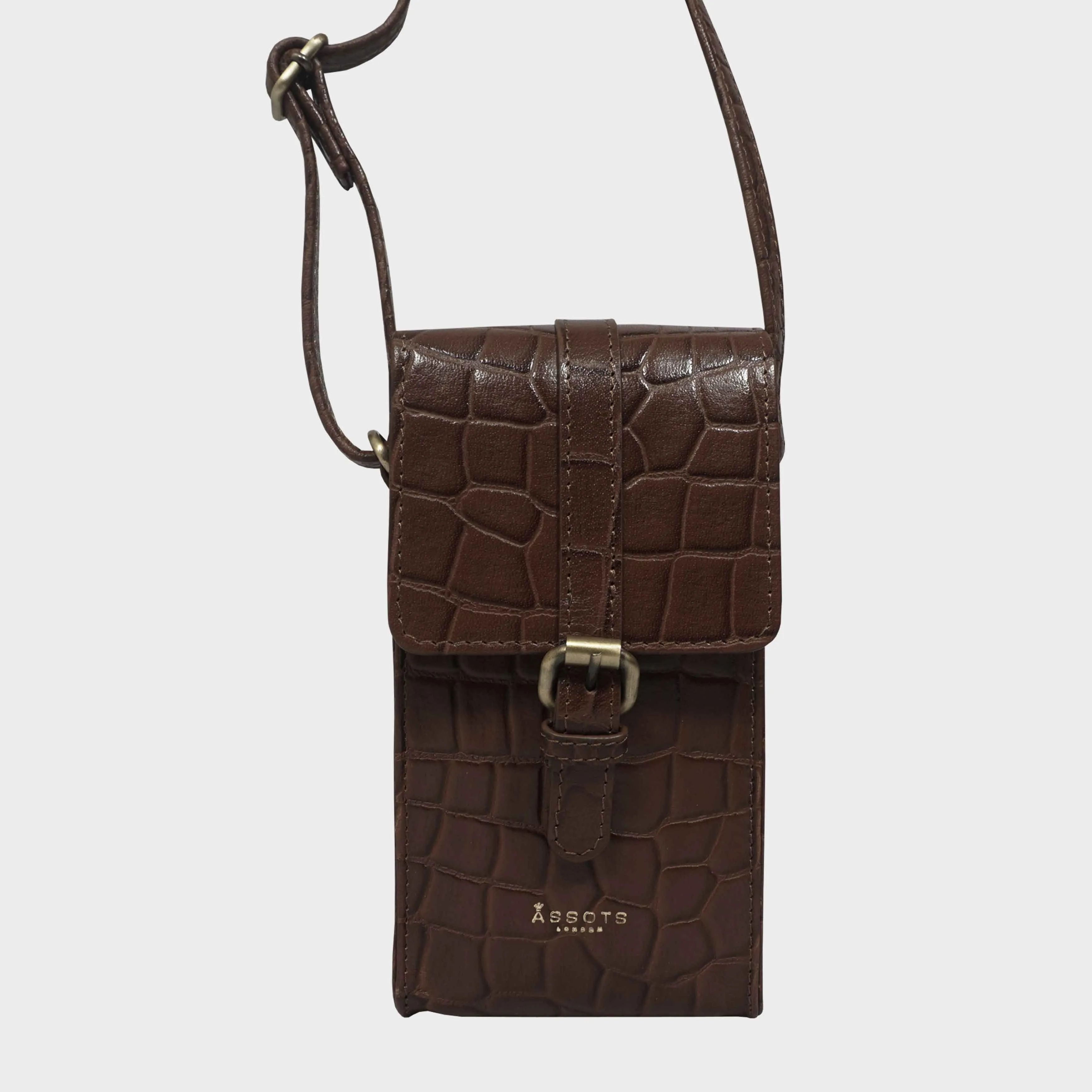 'PETRA' Brown Croc Real Leather Mobile Phone Crossbody Bag