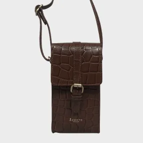 'PETRA' Brown Croc Real Leather Mobile Phone Crossbody Bag
