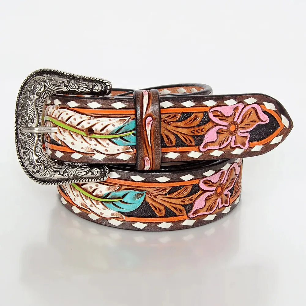Pink Flower Western Leather Belt