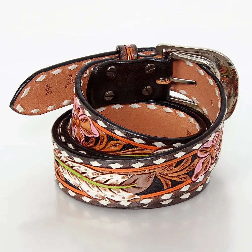 Pink Flower Western Leather Belt
