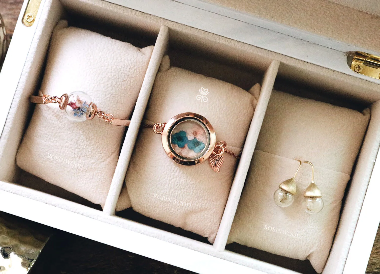 " September Collection's " Rosegold Locket & Snake Chain Series, Pink & Blue Heliotrope Flower, Robinwood