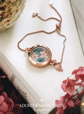 " September Collection's " Rosegold Locket & Snake Chain Series, Pink & Blue Heliotrope Flower, Robinwood
