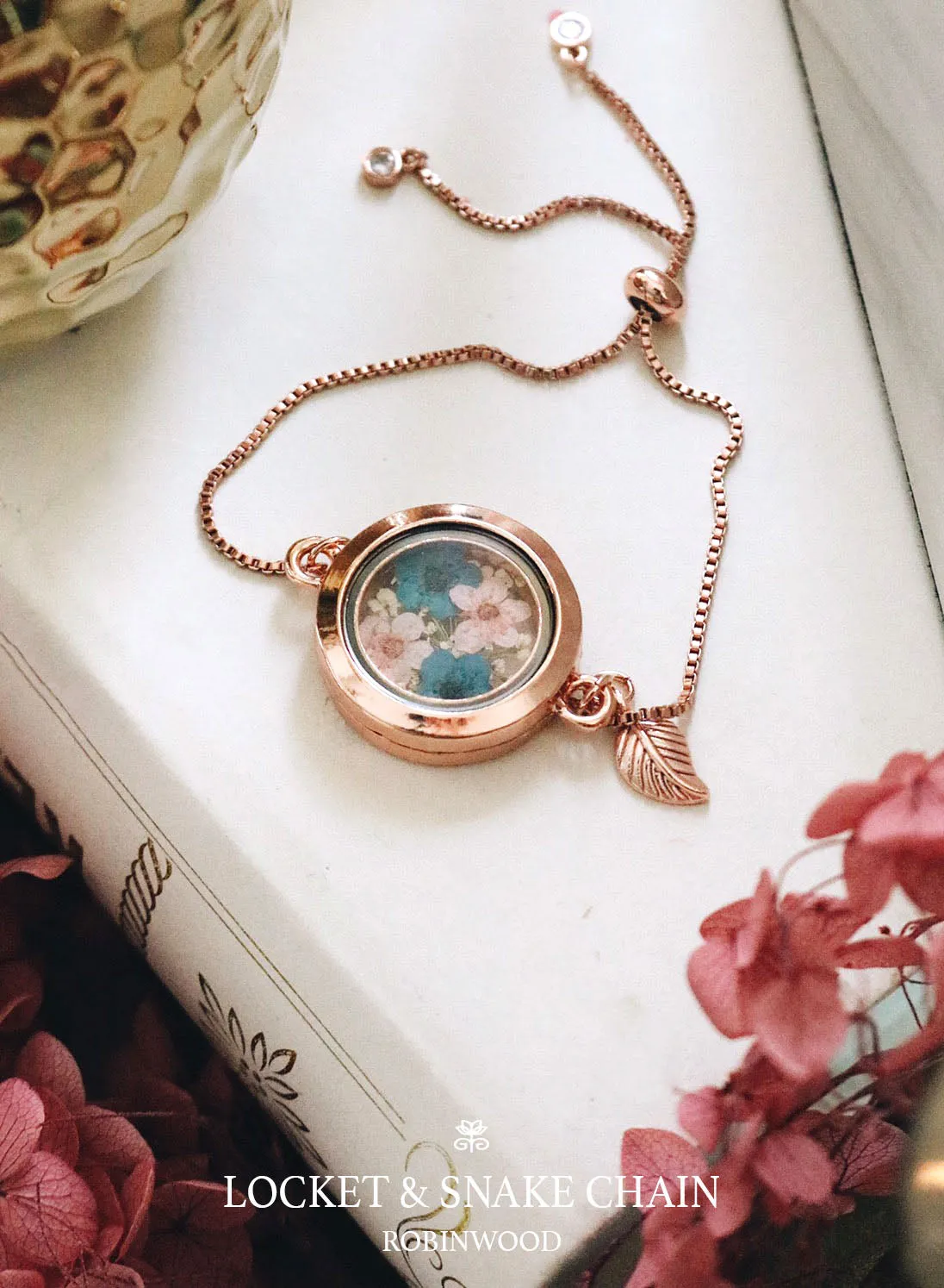 " September Collection's " Rosegold Locket & Snake Chain Series, Pink & Blue Heliotrope Flower, Robinwood