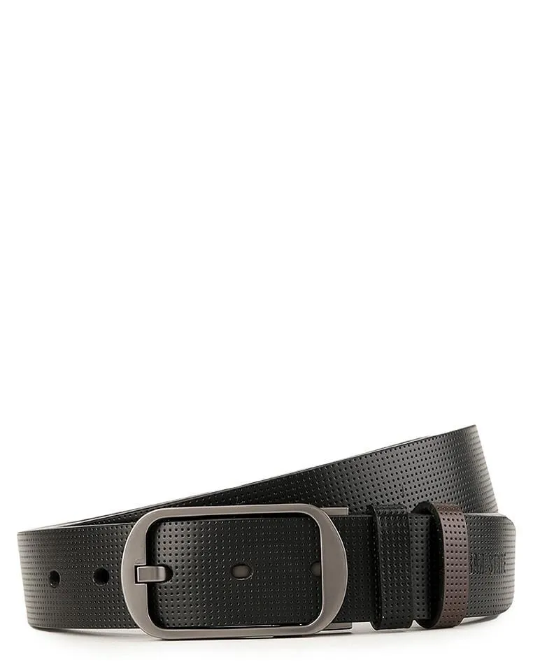 Reversible Perforated Frame Pin Buckle Top Grain Leather Belt - Silver