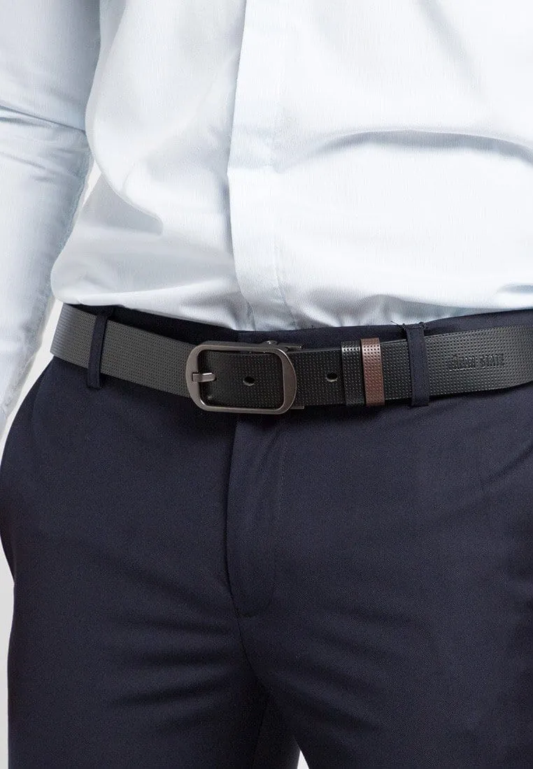 Reversible Perforated Frame Pin Buckle Top Grain Leather Belt - Silver