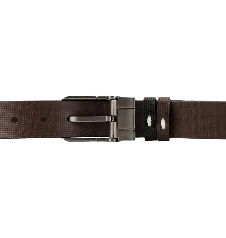 Reversible Perforated Frame Pin Buckle Top Grain Leather Belt - Silver
