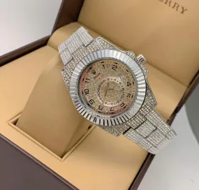 RLX Analog Diamond Set Watch Royal Silver Color Diamond Stainless Steel With Silver Color Diamond Arabic Dial Dated Watch For Men's And Women's -Best For Stylist Look- RLX-8096