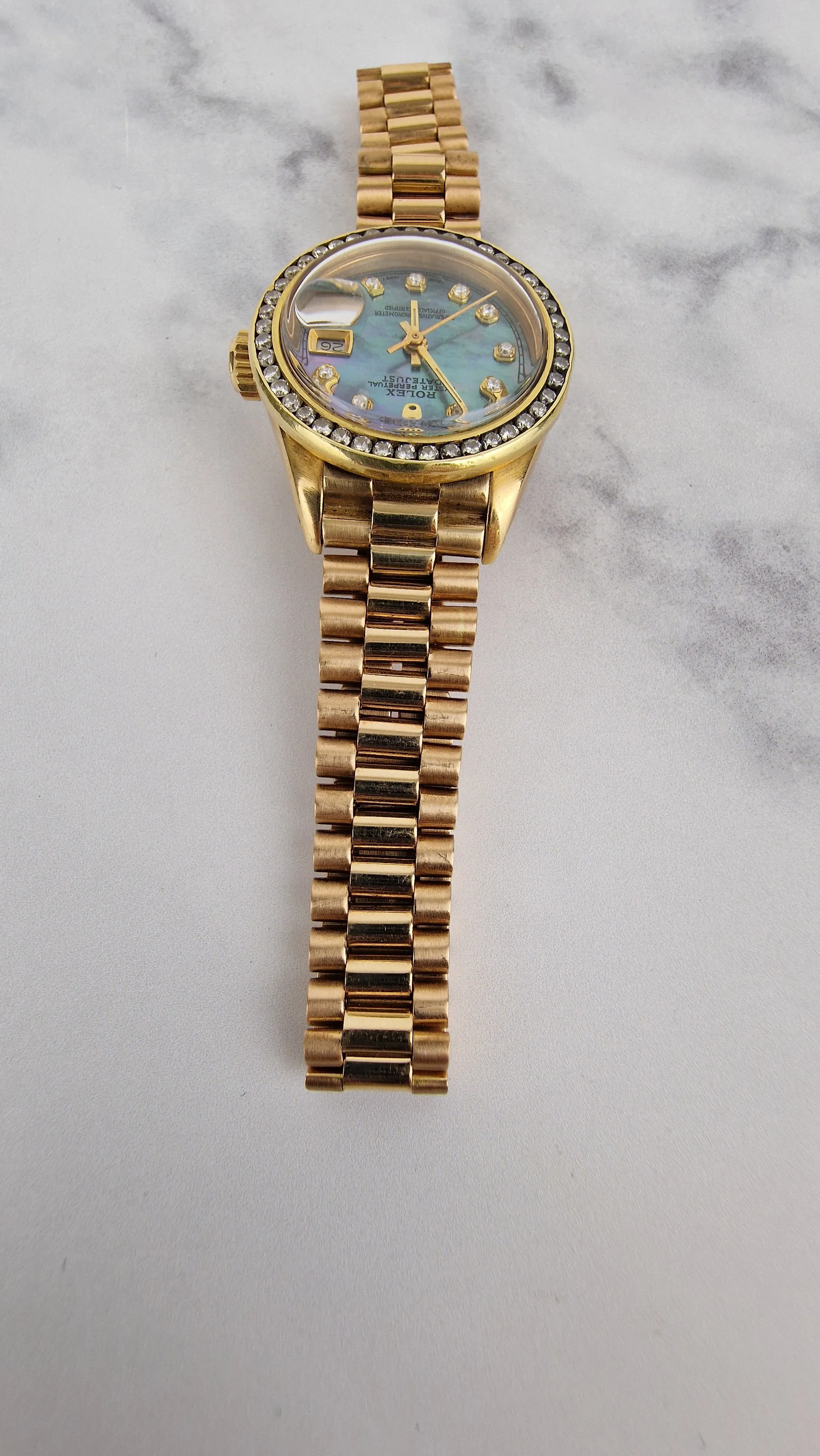 Rolex 18k Yellow Gold 26mm Lady President Datejust Diamond Bezel Tahitian MOP Diamond Dial Automatic Movement Mother of Pearl Watch - Rolex 6917