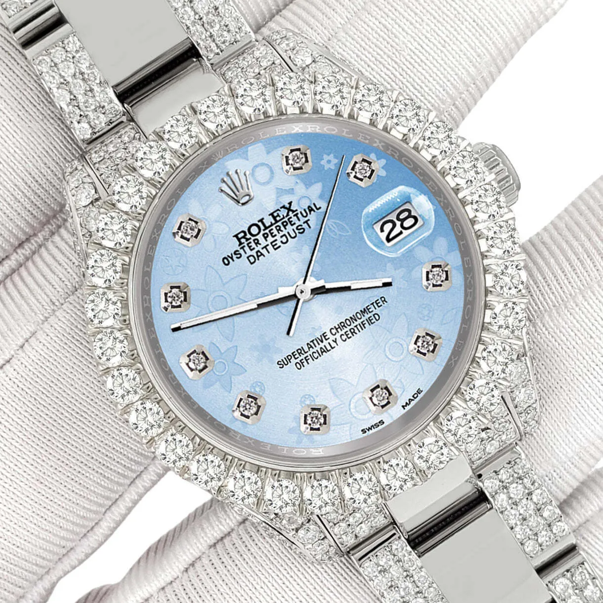 Rolex Datejust 31mm Pave 7.2ct Iced Diamond Blue Flower Watch  TFJ-142508420