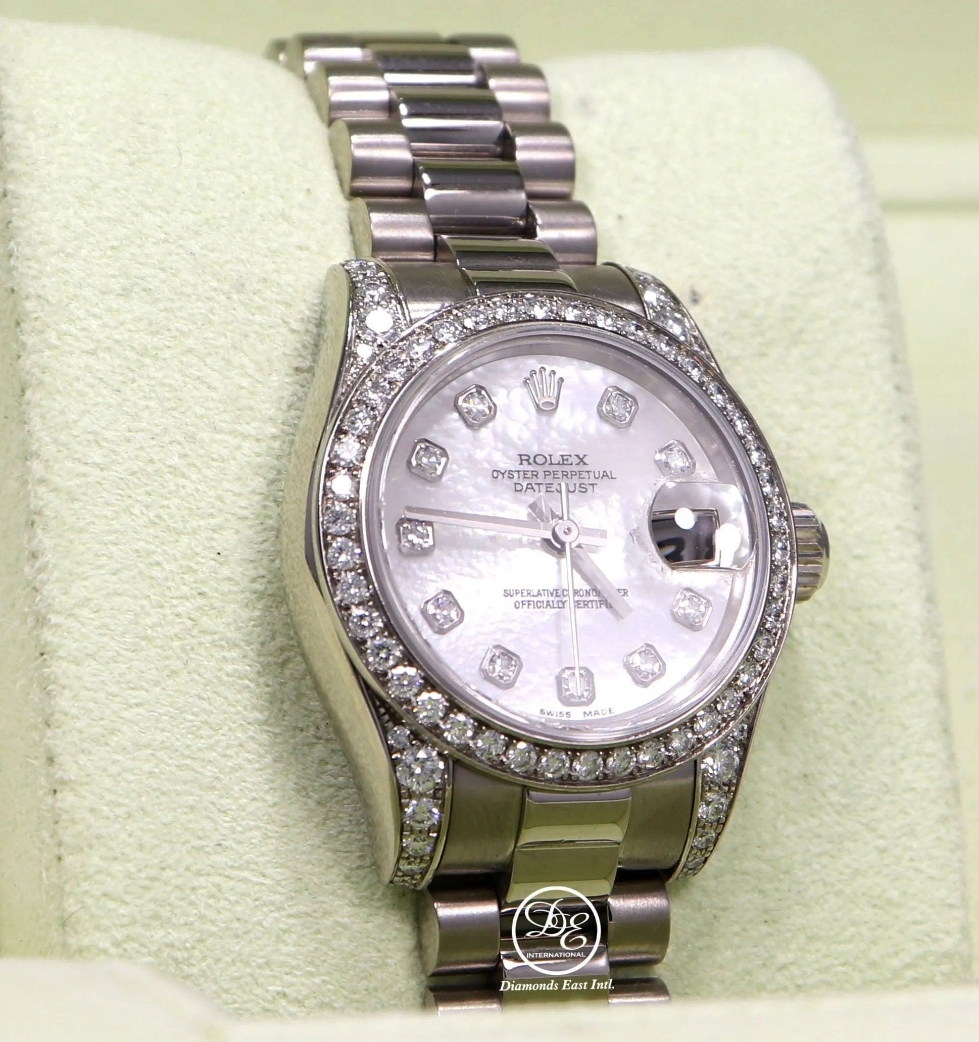 Rolex President 179159 Datejust 18K White Gold Factory Crown Collection MOP Diamond Dial and Bezel Watch