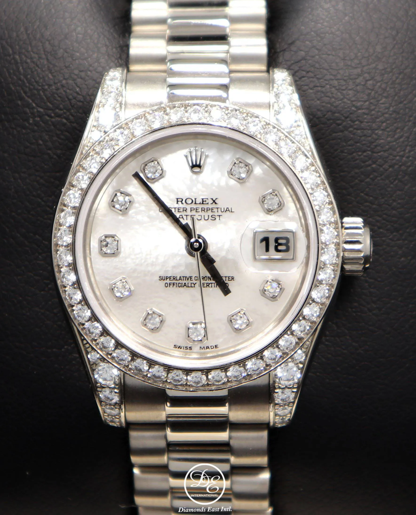 Rolex President 179159 Datejust 18K White Gold Factory Crown Collection MOP Diamond Dial and Bezel Watch