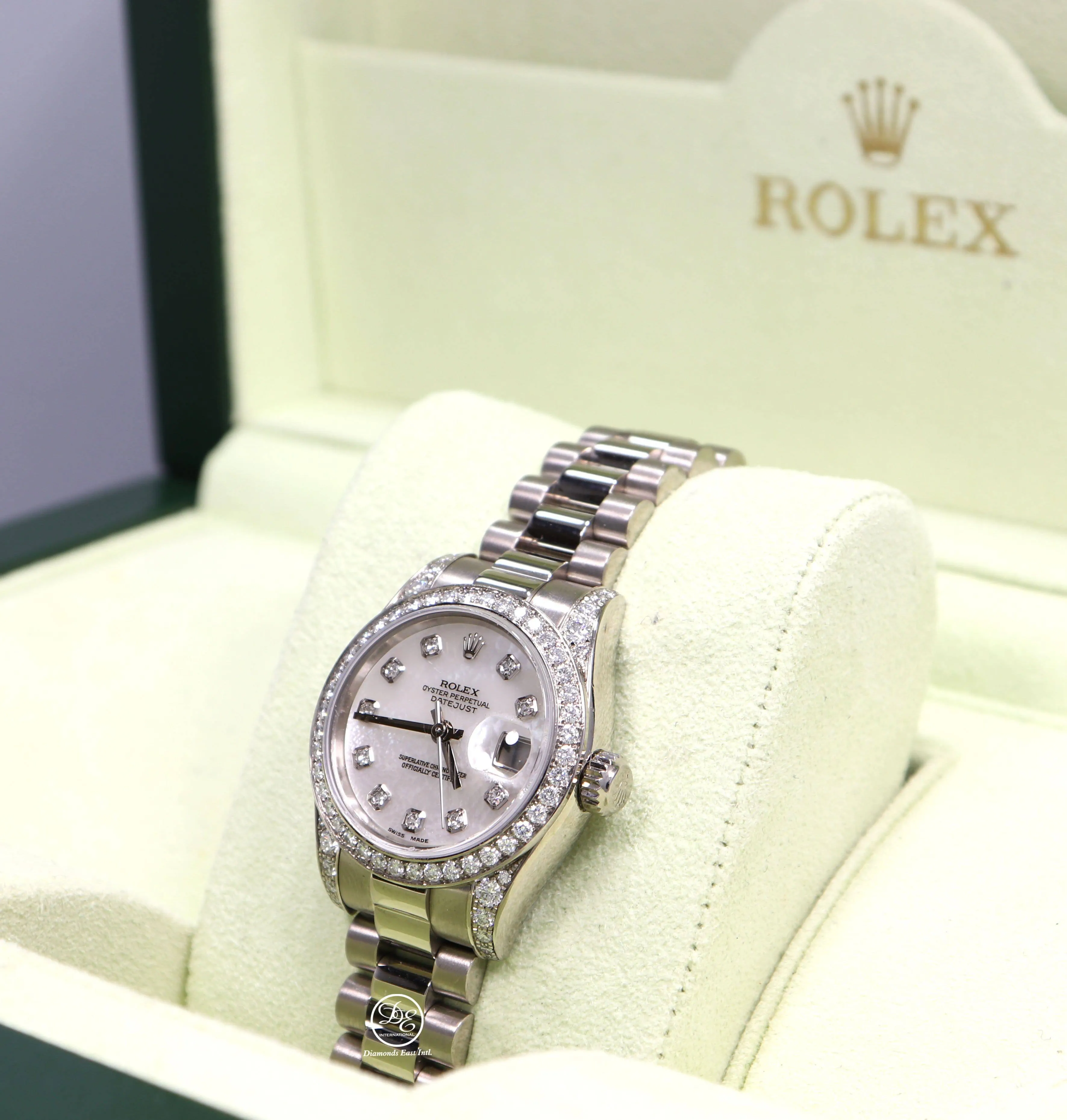 Rolex President 179159 Datejust 18K White Gold Factory Crown Collection MOP Diamond Dial and Bezel Watch