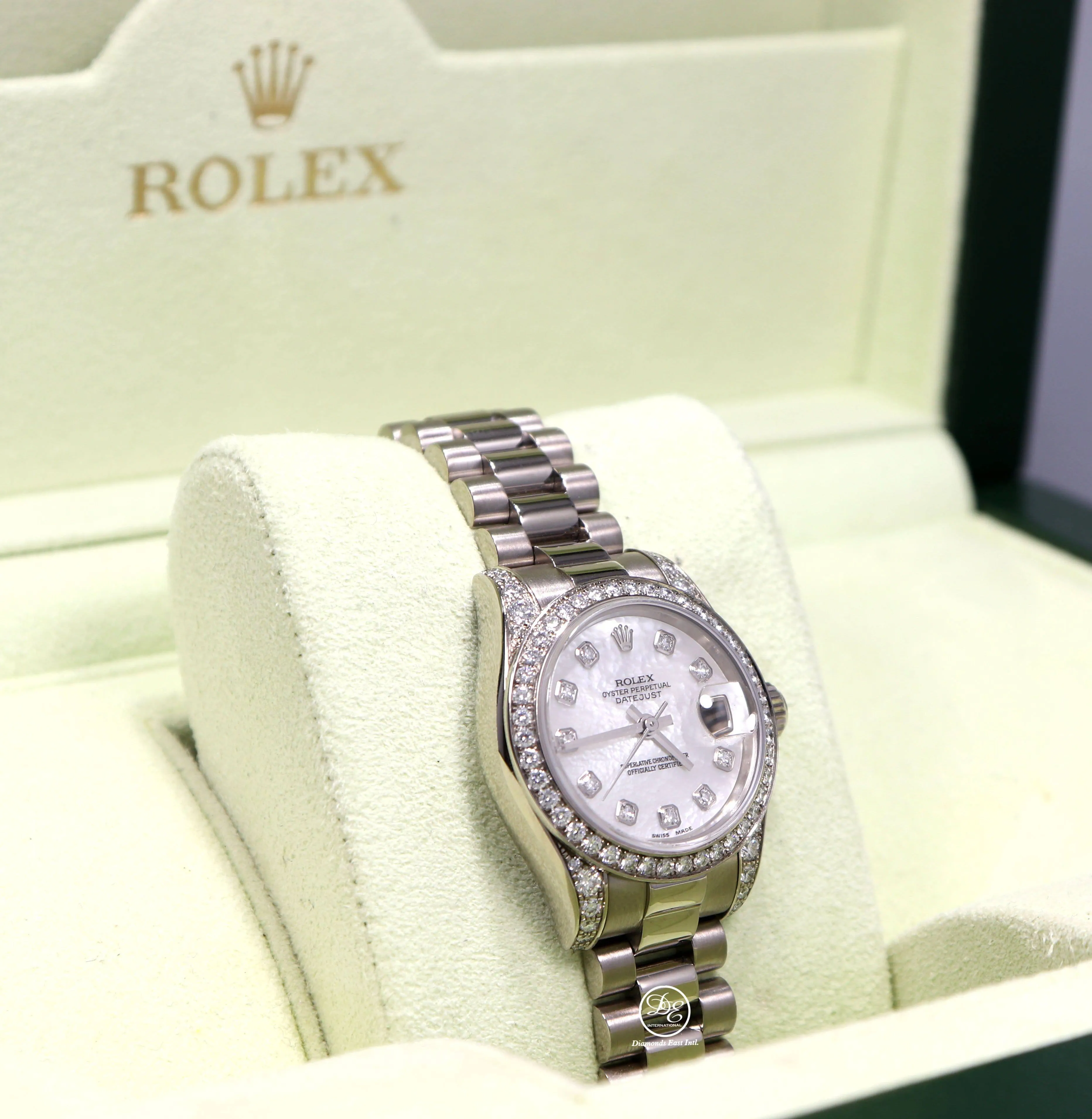 Rolex President 179159 Datejust 18K White Gold Factory Crown Collection MOP Diamond Dial and Bezel Watch