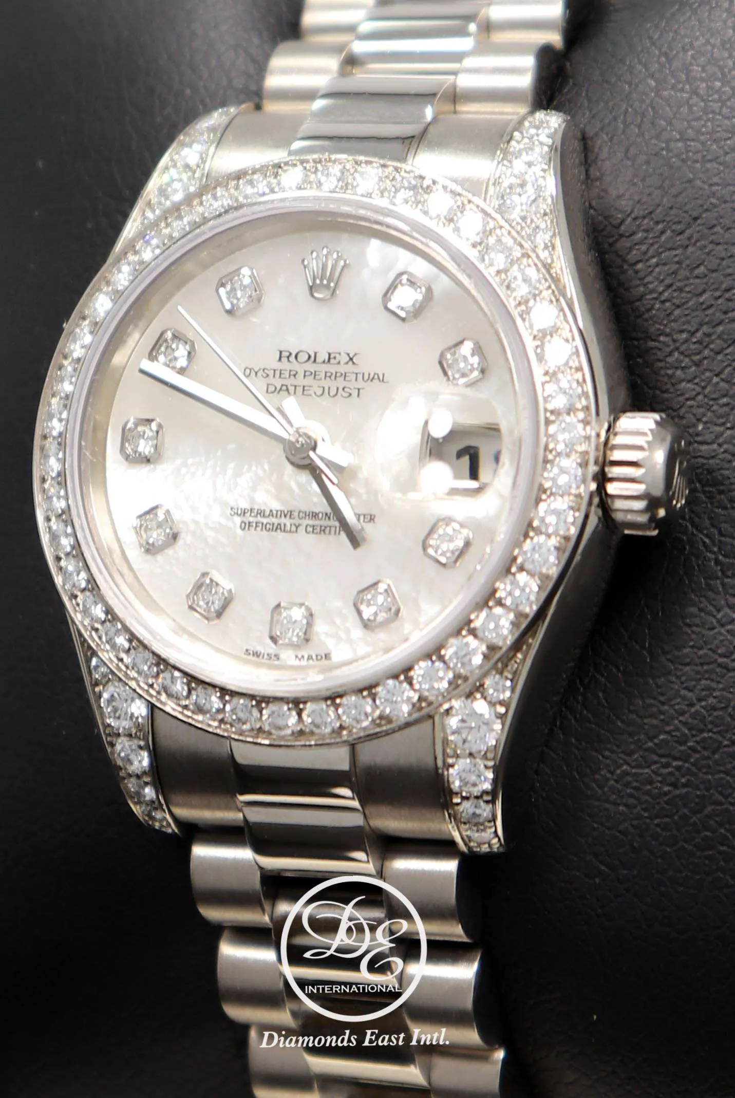Rolex President 179159 Datejust 18K White Gold Factory Crown Collection MOP Diamond Dial and Bezel Watch