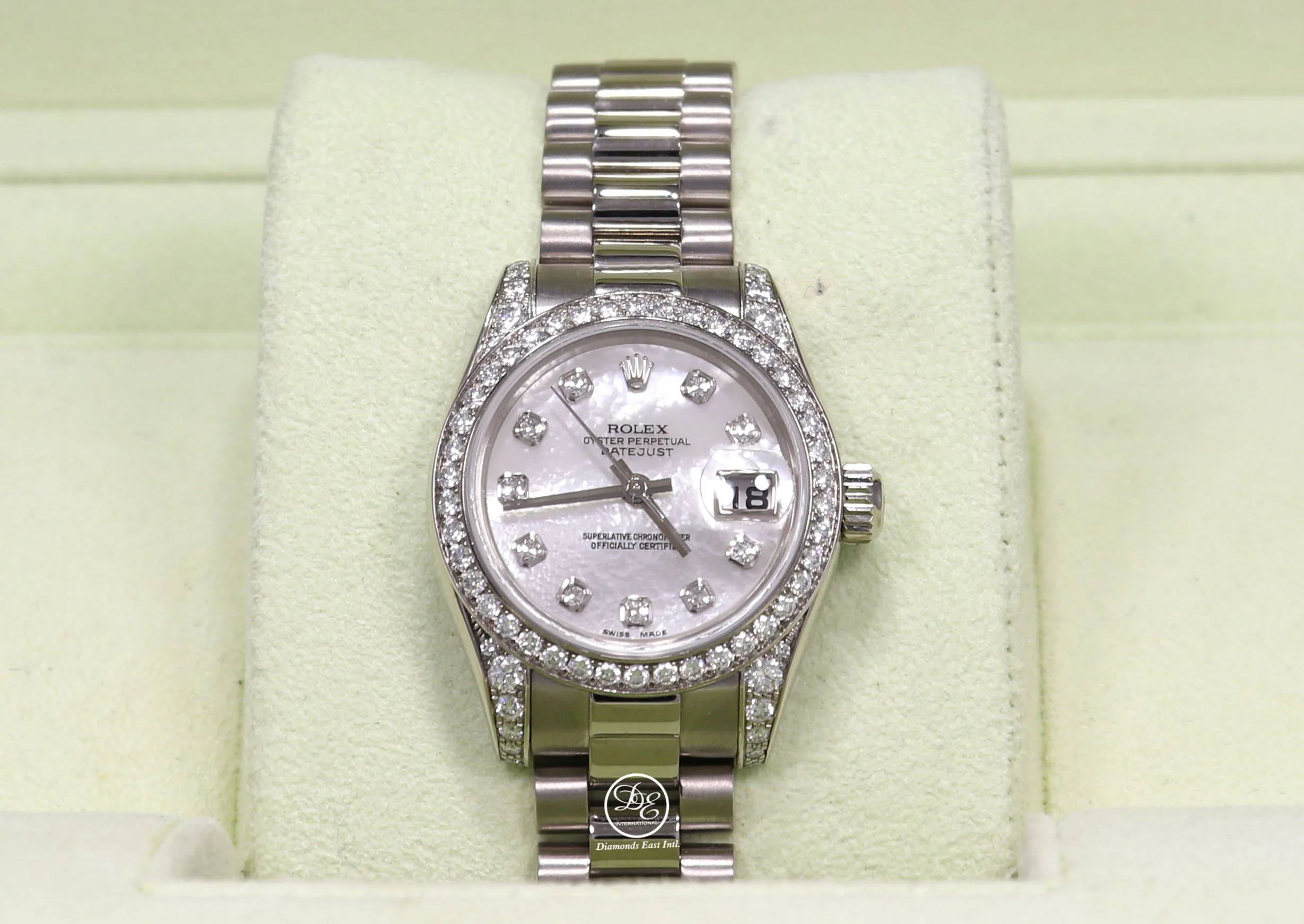 Rolex President 179159 Datejust 18K White Gold Factory Crown Collection MOP Diamond Dial and Bezel Watch