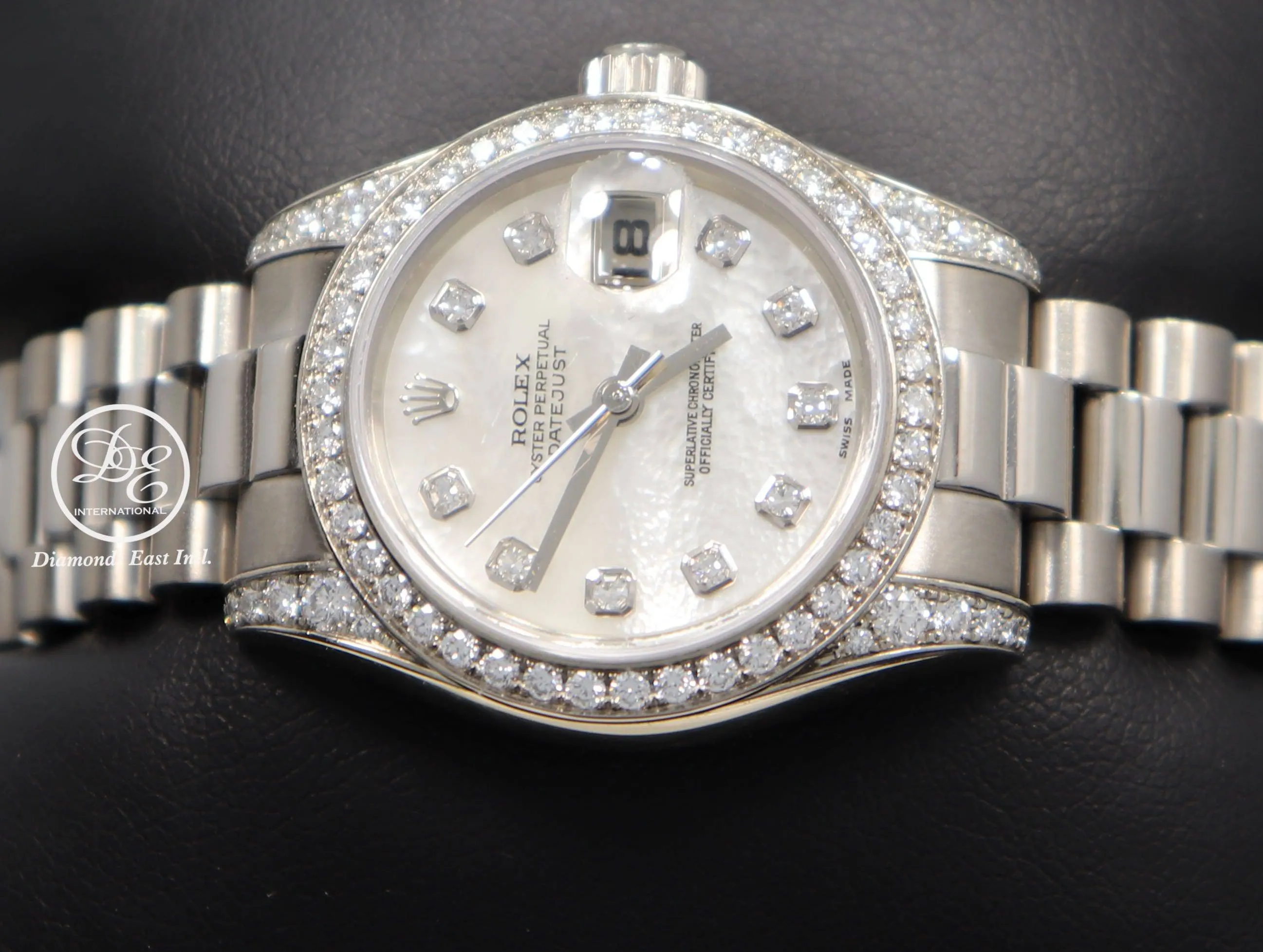 Rolex President 179159 Datejust 18K White Gold Factory Crown Collection MOP Diamond Dial and Bezel Watch