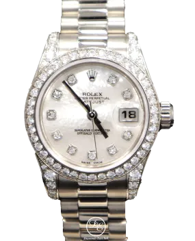 Rolex President 179159 Datejust 18K White Gold Factory Crown Collection MOP Diamond Dial and Bezel Watch