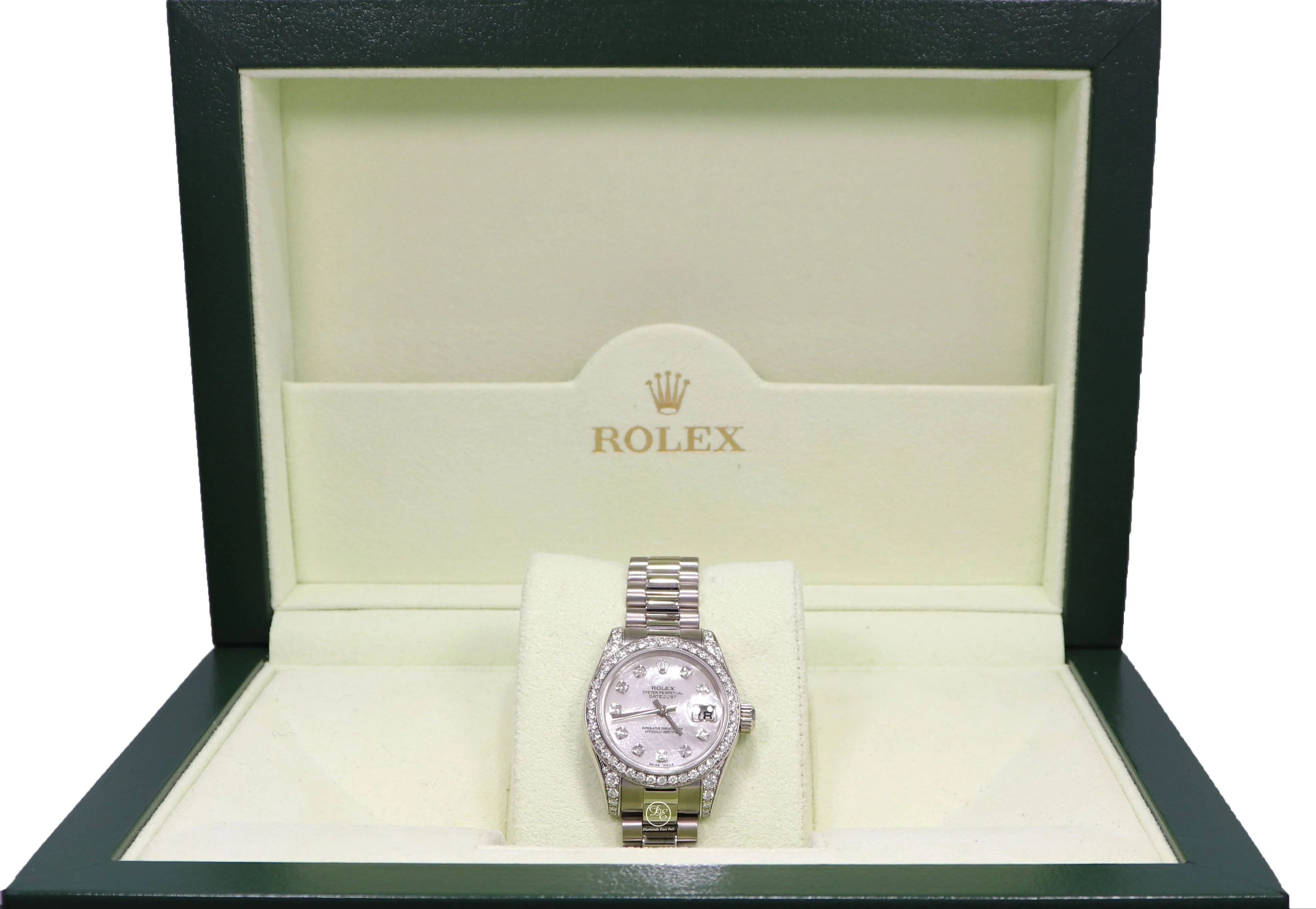 Rolex President 179159 Datejust 18K White Gold Factory Crown Collection MOP Diamond Dial and Bezel Watch