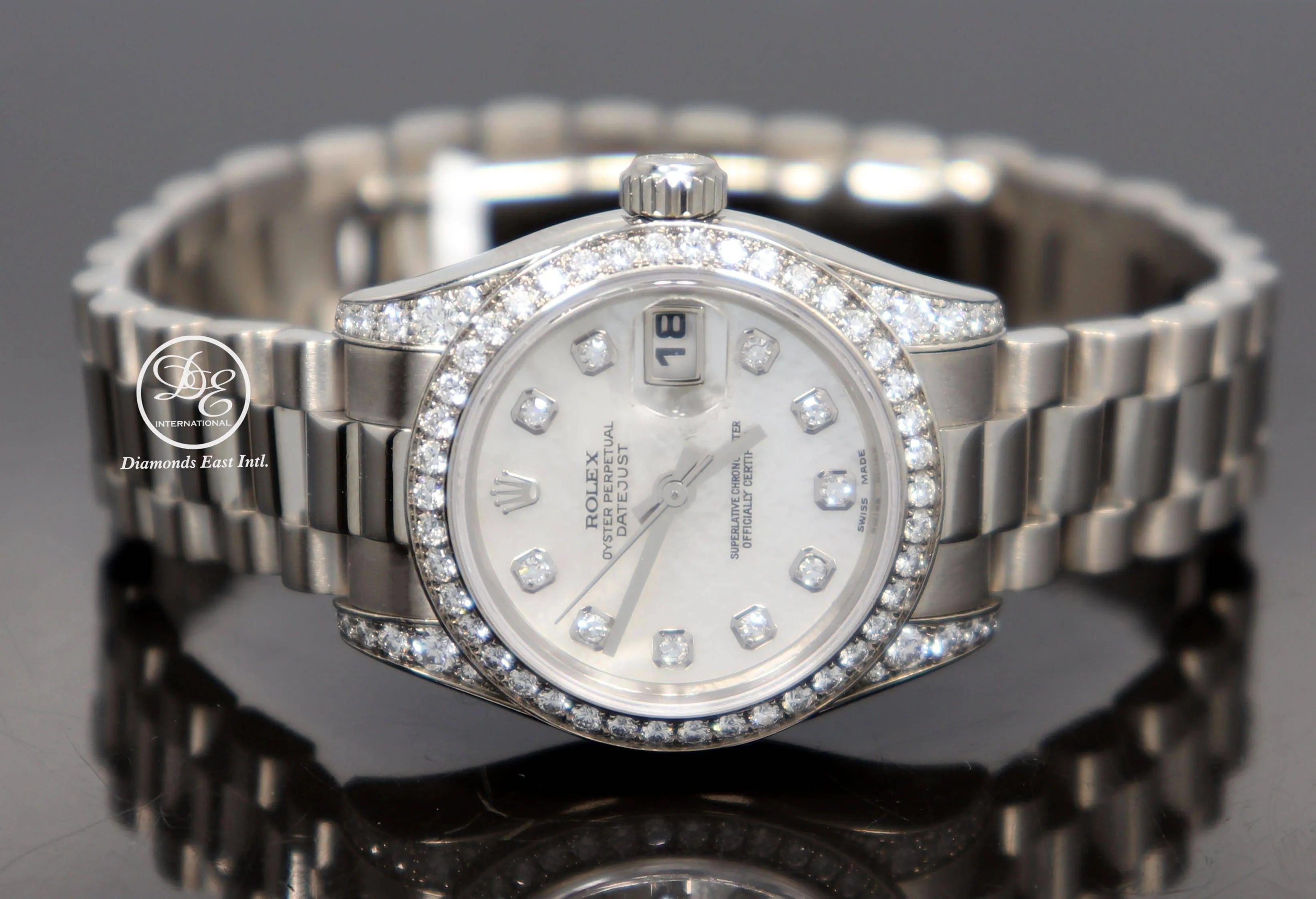 Rolex President 179159 Datejust 18K White Gold Factory Crown Collection MOP Diamond Dial and Bezel Watch