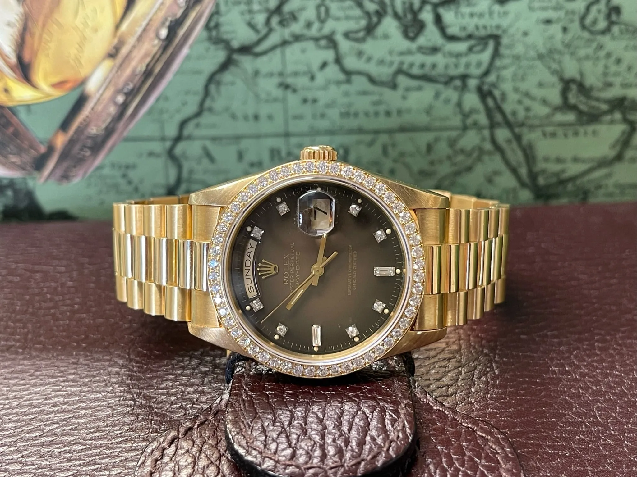 Rolex Presidential 36mm Day Date 18238 (Double Quickset) Mens or Womens Watch Factory Brown Vignette Diamond Dial Custom Diamond Bezel