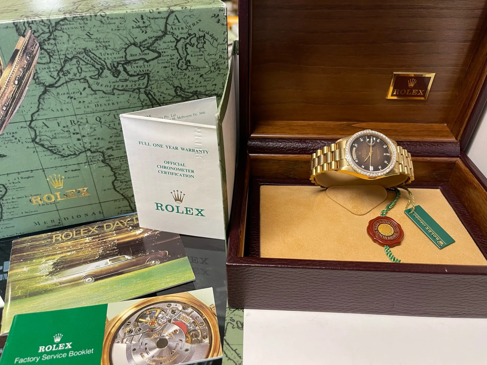 Rolex Presidential 36mm Day Date 18238 (Double Quickset) Mens or Womens Watch Factory Brown Vignette Diamond Dial Custom Diamond Bezel