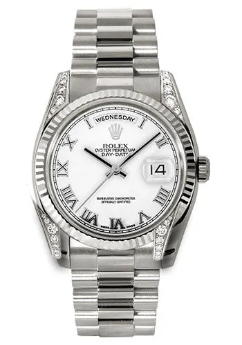 Rolex White Gold Day-Date 36 Watch - Fluted Bezel - White Roman Dial - President Bracelet - 118339 wrp
