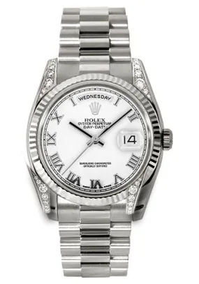 Rolex White Gold Day-Date 36 Watch - Fluted Bezel - White Roman Dial - President Bracelet - 118339 wrp